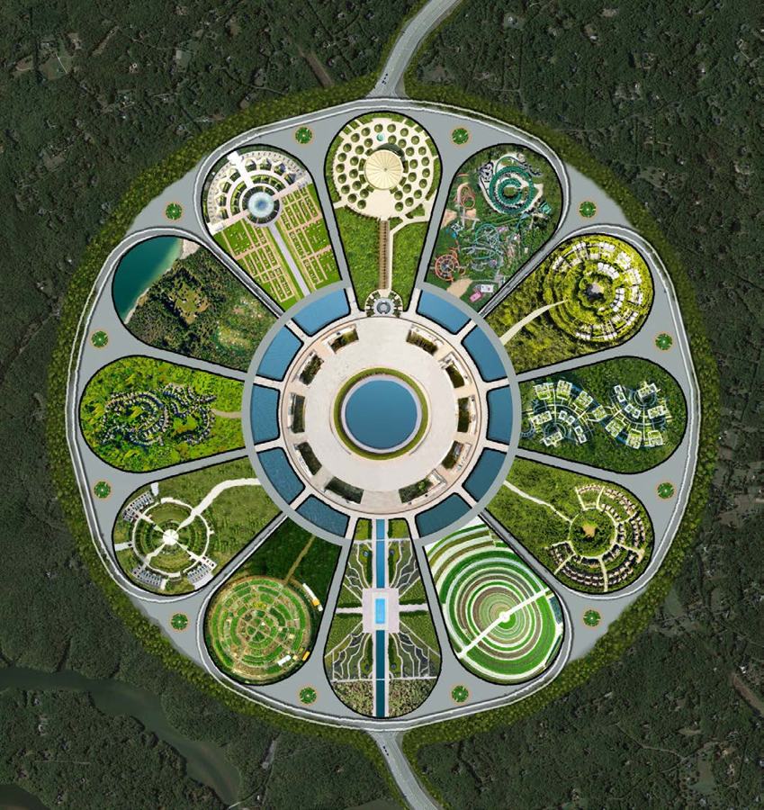 Conceptual aerial plan of Pardis: a circular plaza ringed by lotus petals