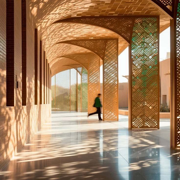 A sunlit arcade with Persian lattice screens