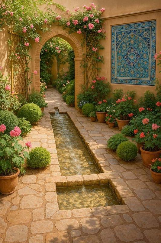 A Persian courtyard garden with a narrow water channel, roses and a tiled wall
