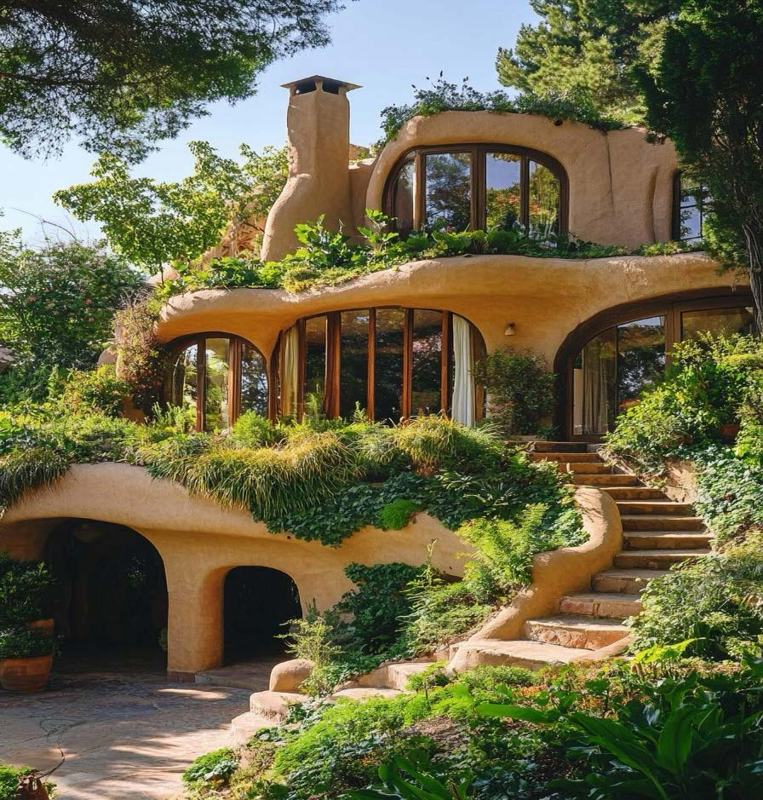 An earthen house with rounded arches set in a garden