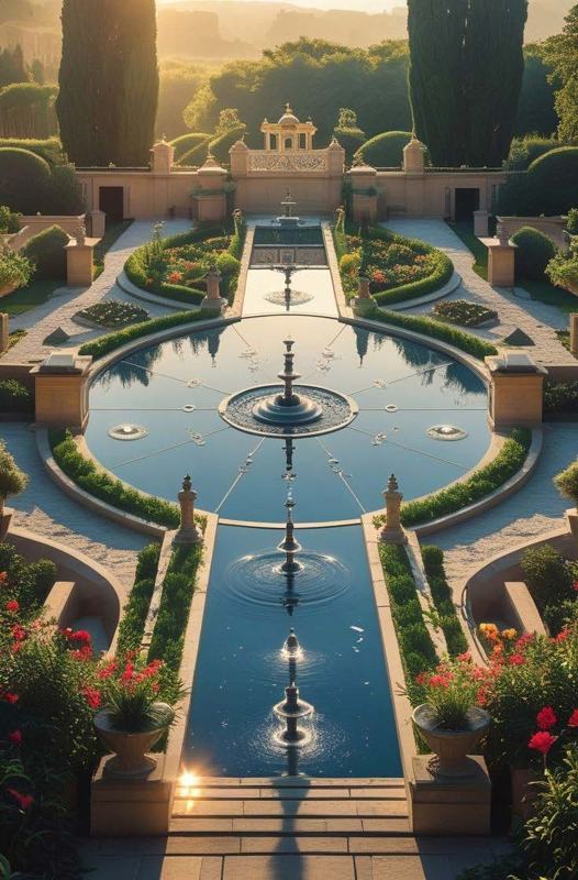 A Persian garden plaza with fountains