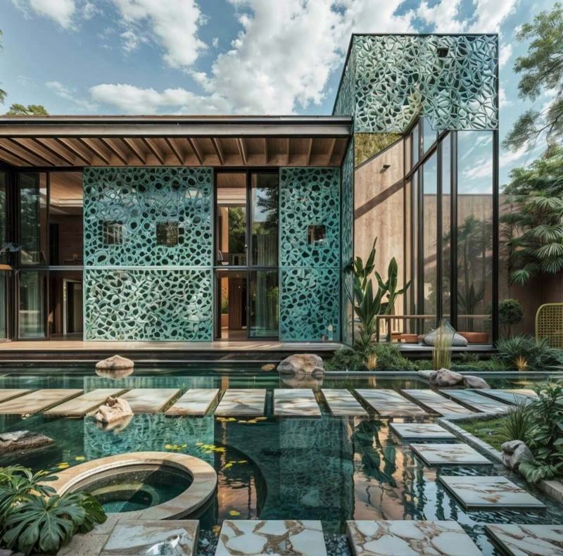 A modern home with a Persian-patterned facade