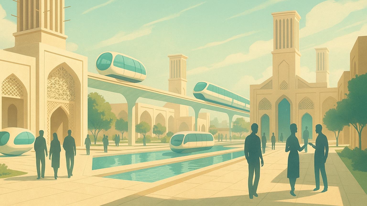 Illustration of Pardis: Persian arches and wind towers around a long reflecting pool
